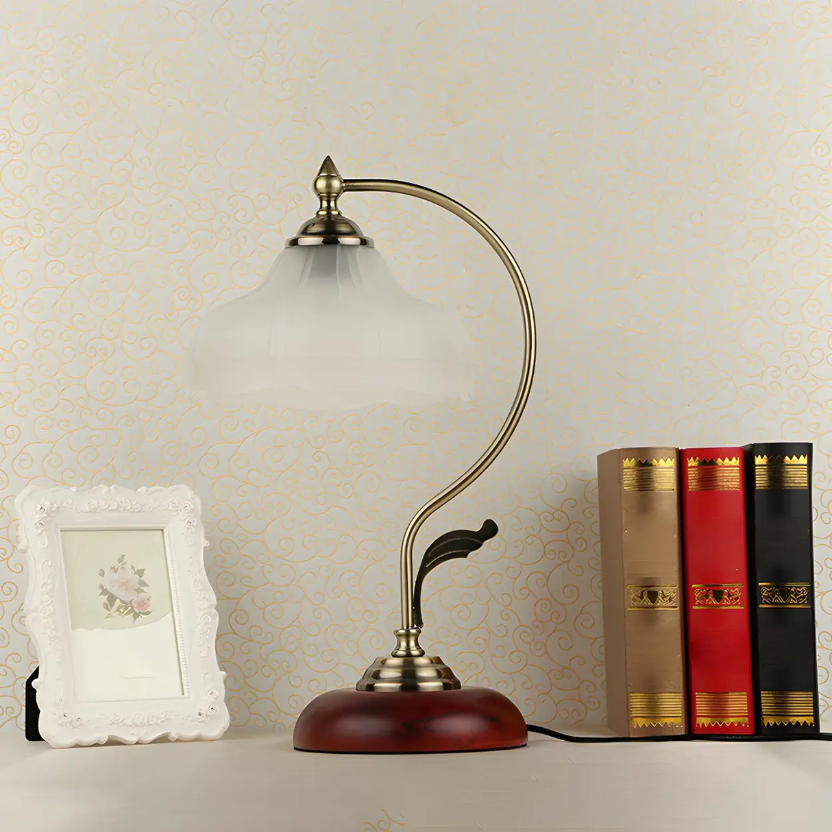 Classic Flower-Shape Glass Shade Curved Arm Table Lamp Image - 12