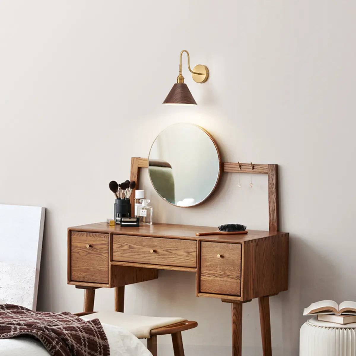 Classic Gold and Dark Wood Bedroom Vanity Wall Light Image - 1