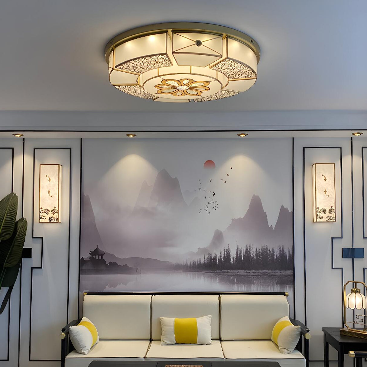 Classic Living Room Gold Glass Drum Flush Mount Light Image - 1