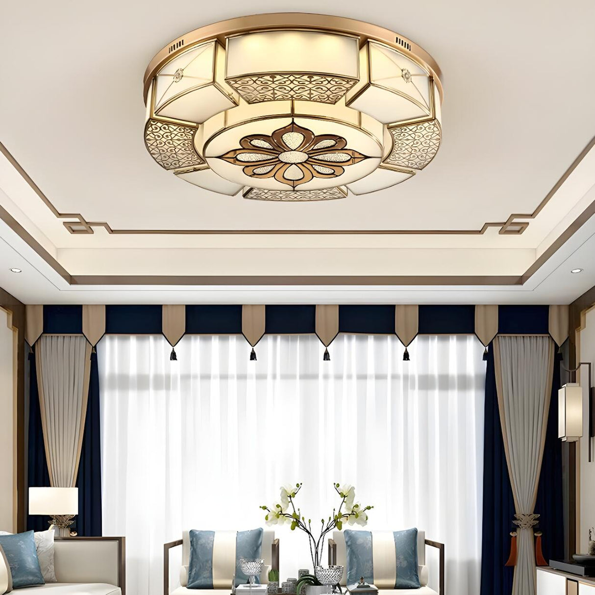 Classic Living Room Gold Glass Drum Flush Mount Light Image - 3