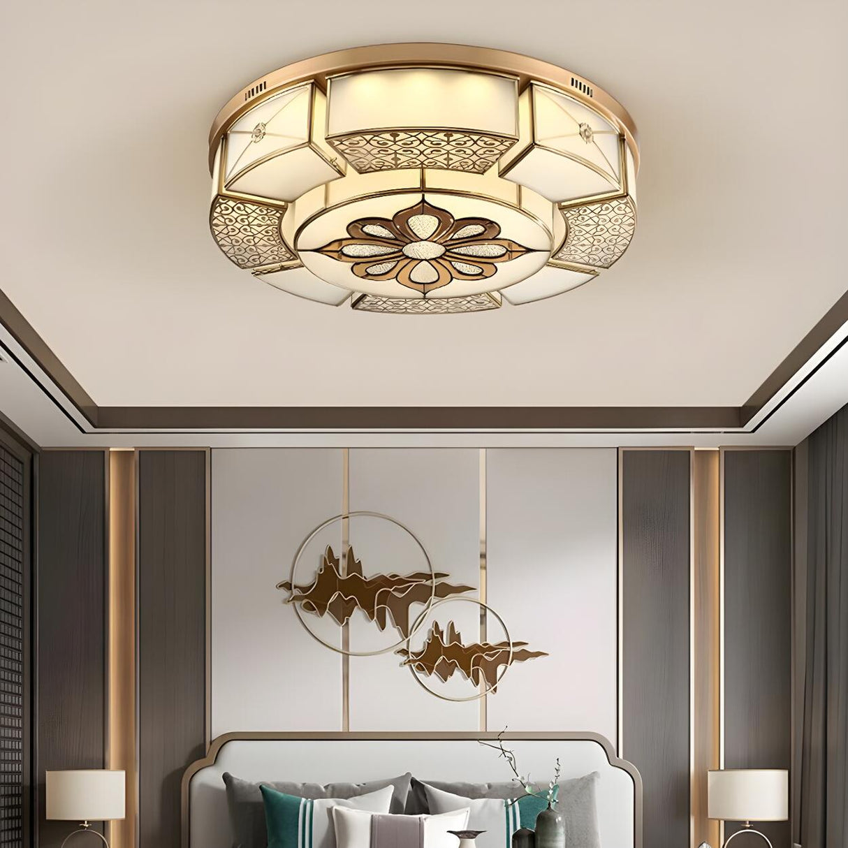 Classic Living Room Gold Glass Drum Flush Mount Light Image - 4