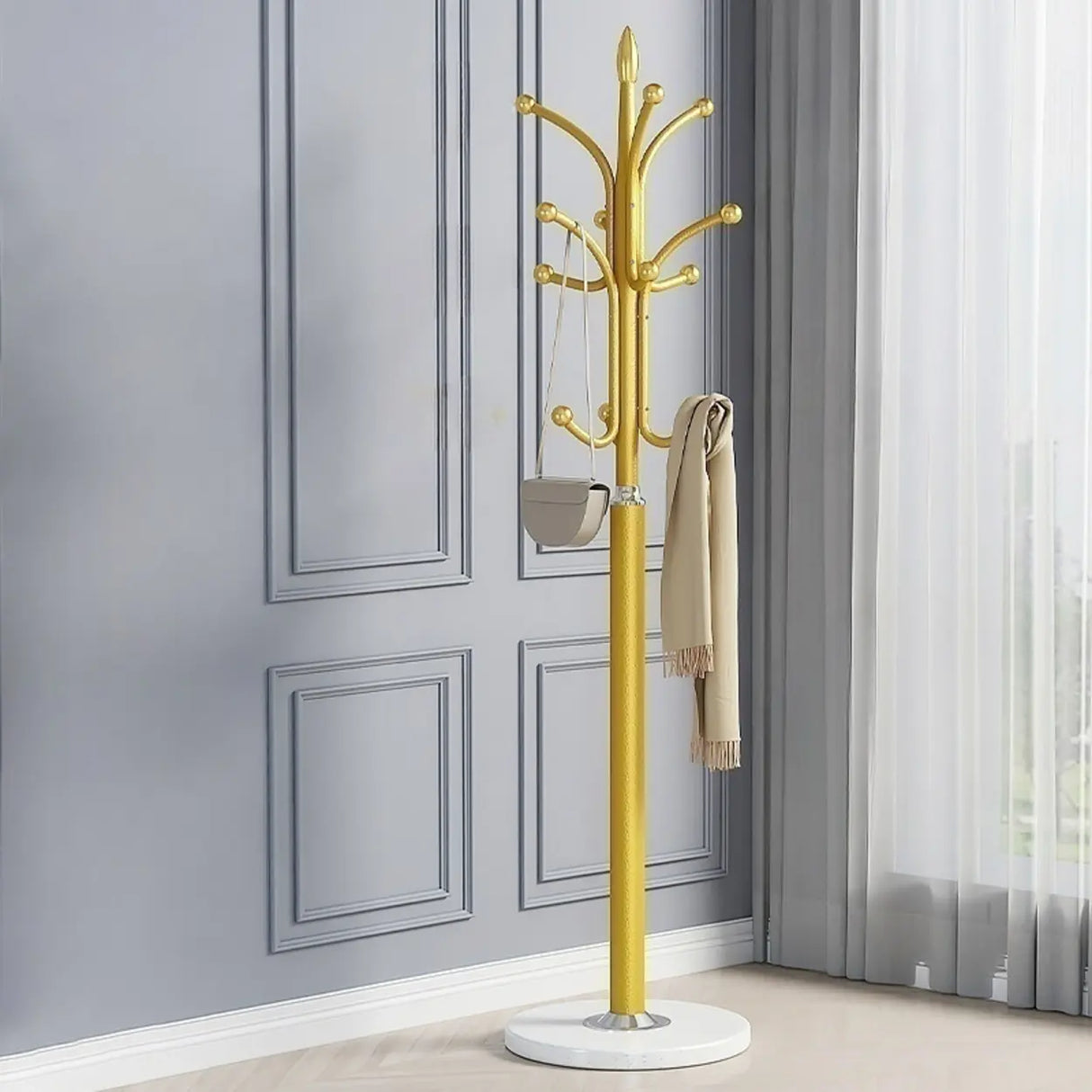 Classic Metal Gold Tall Freestanding Hall Tree with Hooks Image - 3