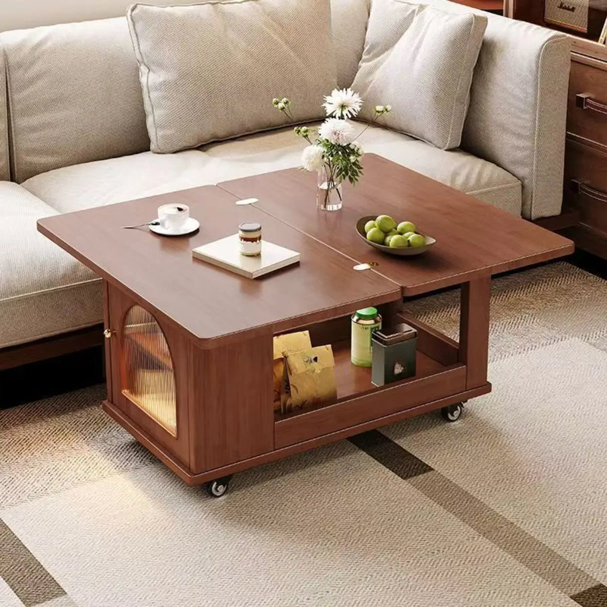 Classic Mobile Foldable Brown Wood Side Table with Storage Image - 1
