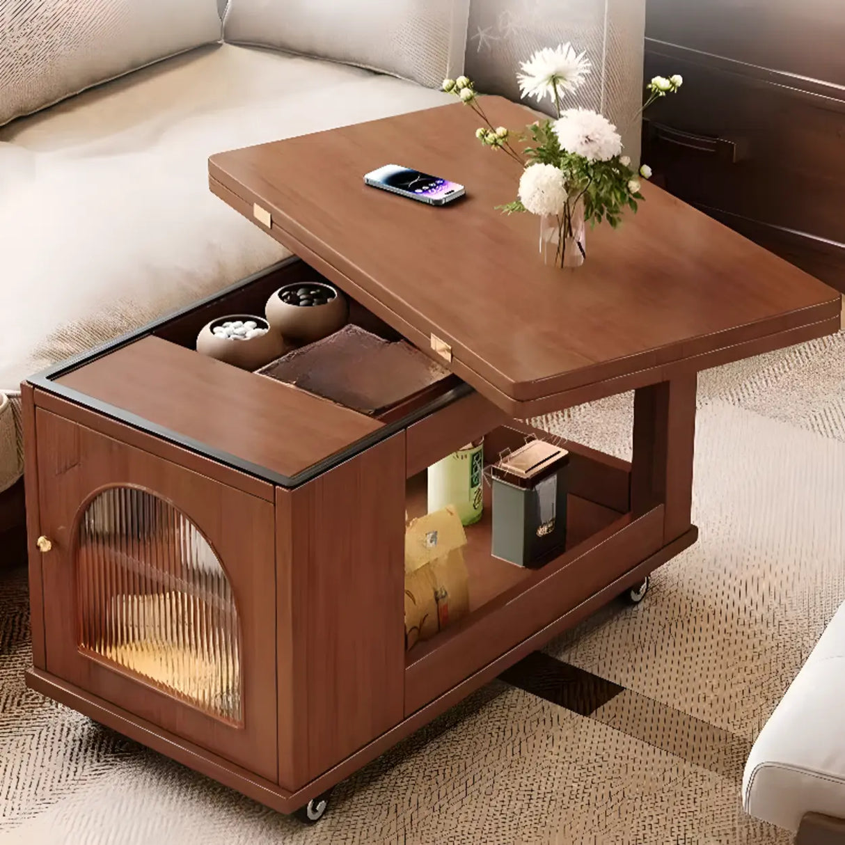 Classic Mobile Foldable Brown Wood Side Table with Storage Image - 4