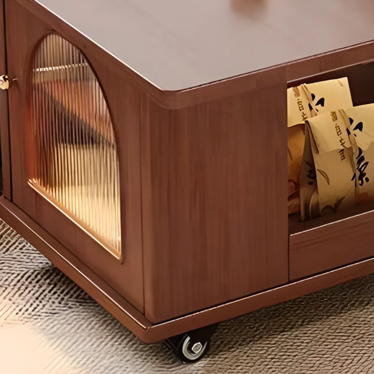 Classic Mobile Foldable Brown Wood Side Table with Storage Image - 6