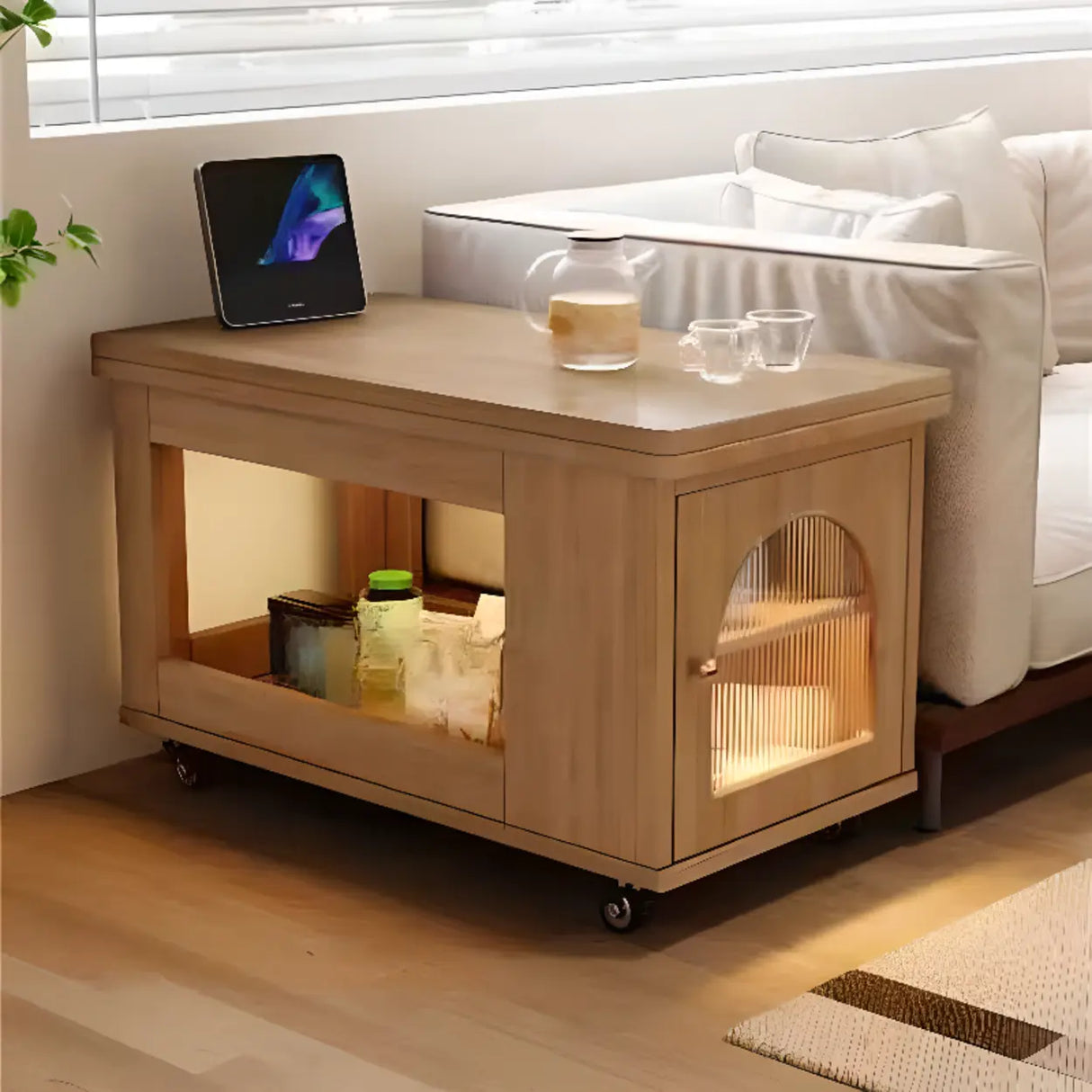 Classic Mobile Foldable Brown Wood Side Table with Storage Image - 7