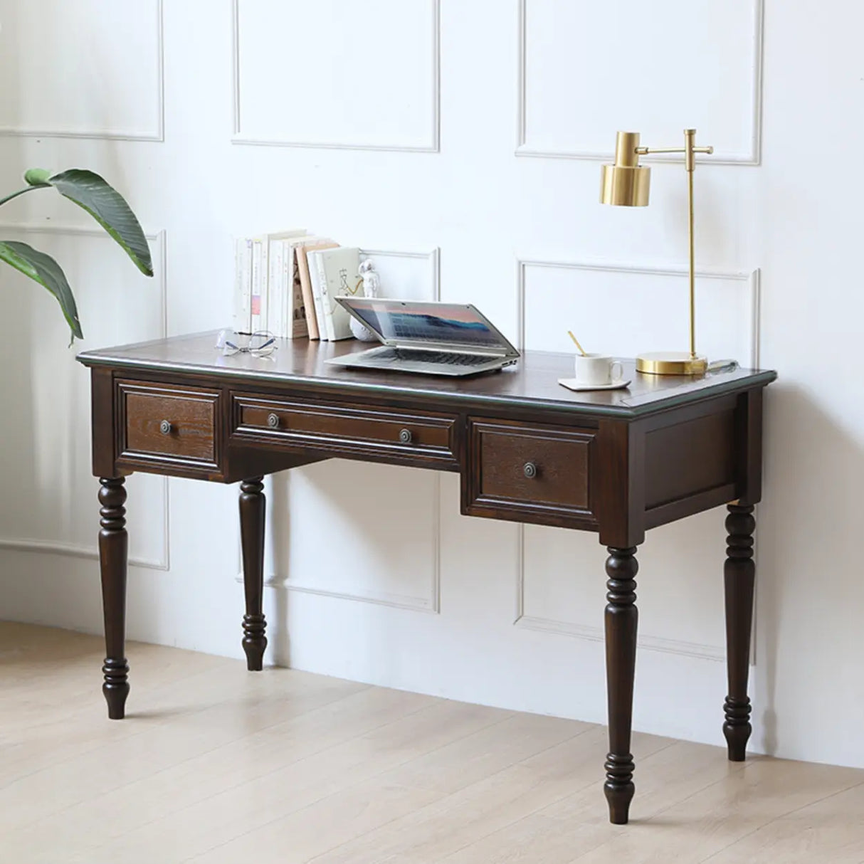 Classic Nut-Brown Wood Drawers Computer Desk Image - 2