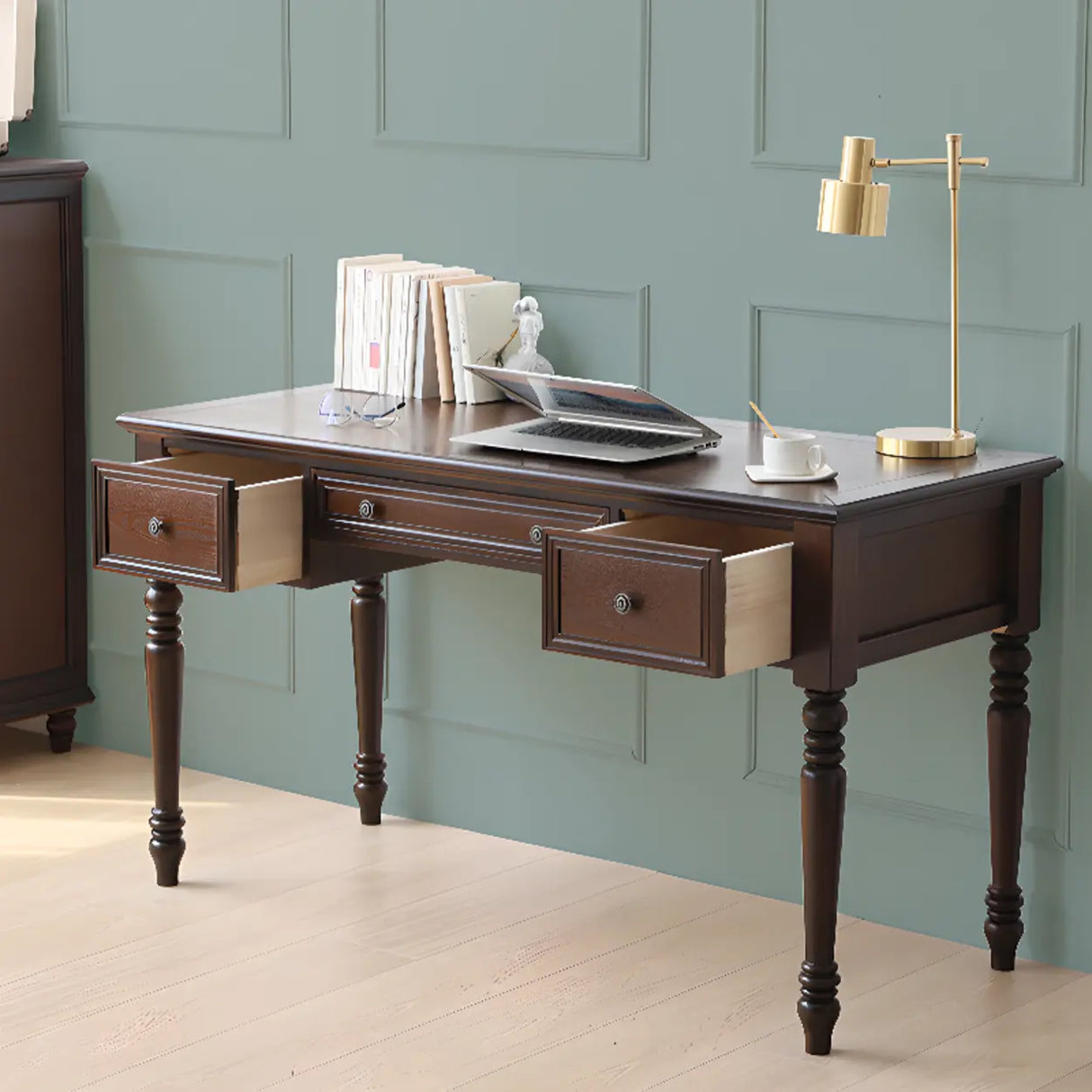 Classic Nut-Brown Wood Drawers Computer Desk Image - 4