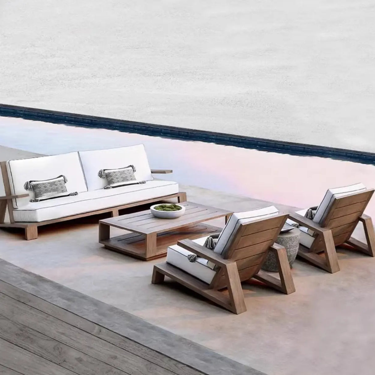 Classic Outdoor Upholstered Teak Sofa Set with Cushions Image - 1