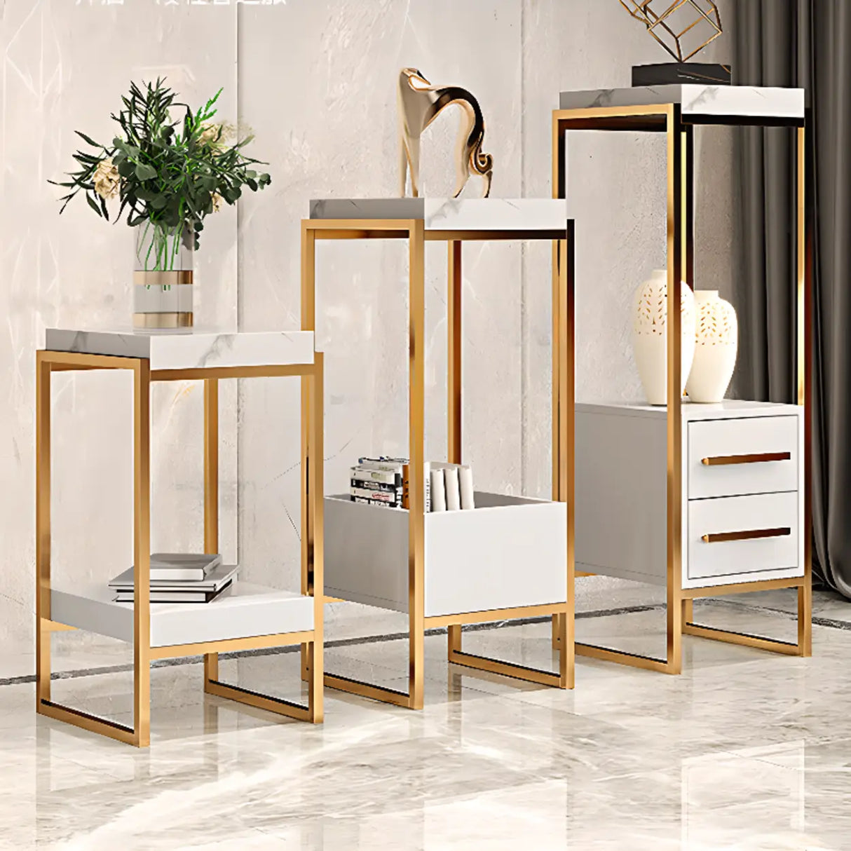 Classic Rectangle Faux Marble Plant Stand with Drawer Image - 1