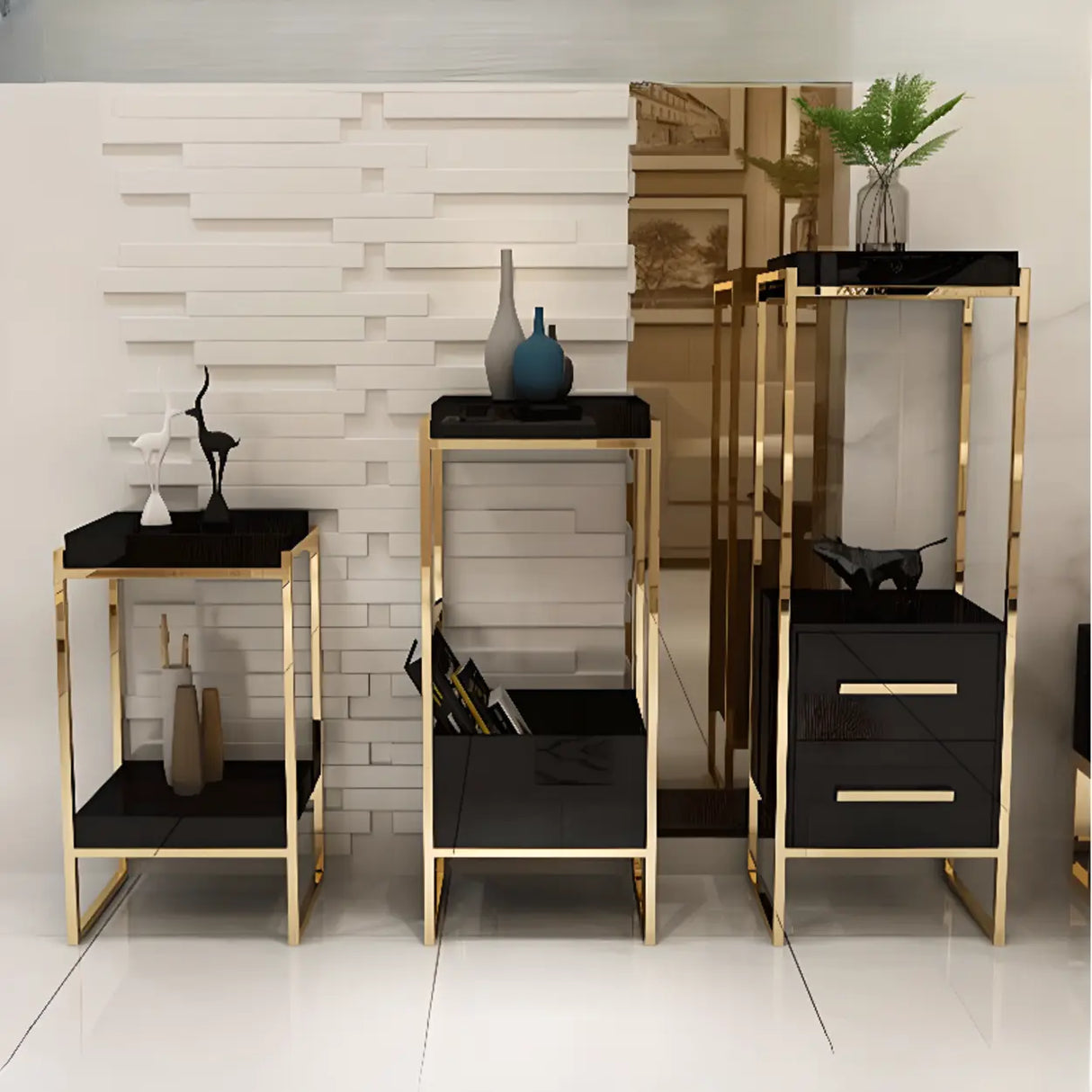 Classic Rectangle Faux Marble Plant Stand with Drawer Image - 8