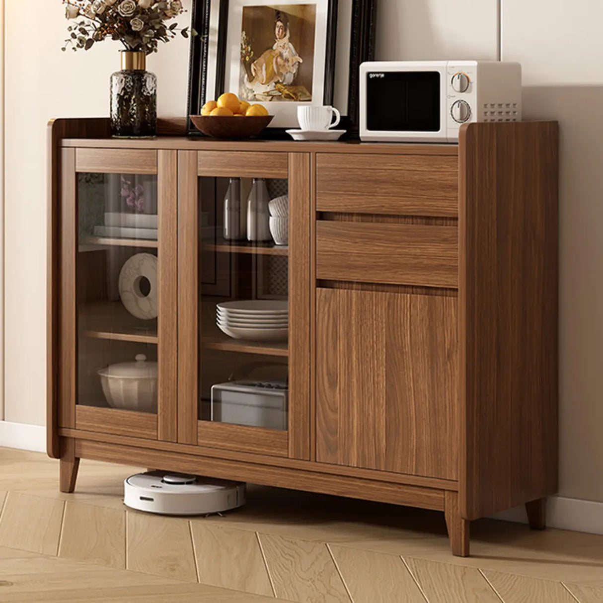 Classic Rectangular Wood Brown Short China Cabinet Image - 5