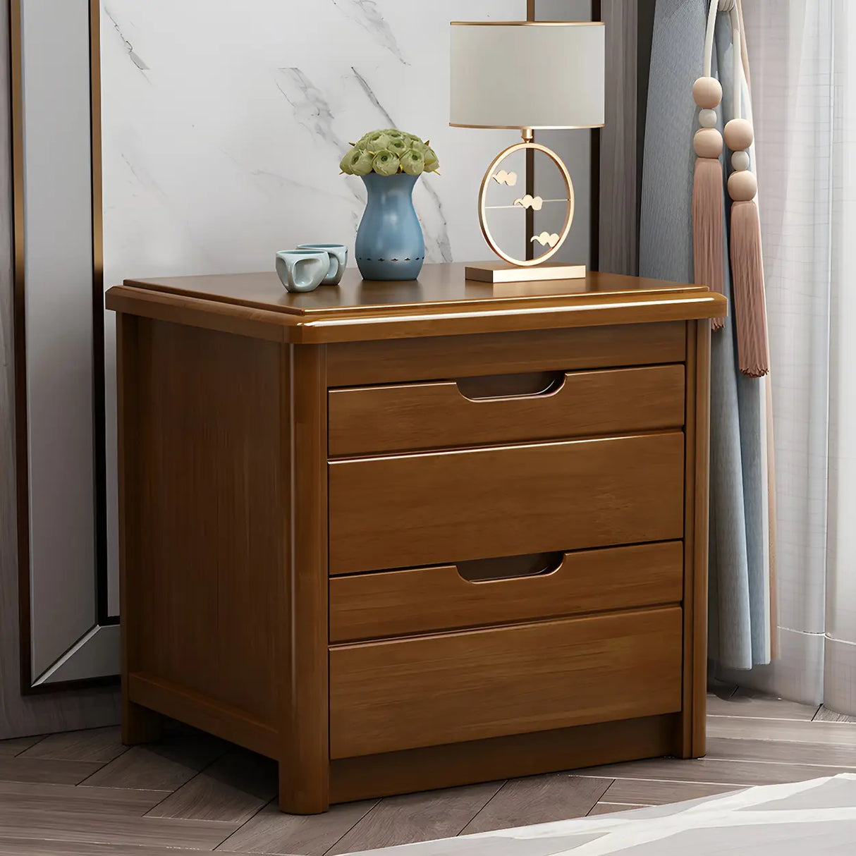 Classic Rectangular Wood Natural Storage Nightstand Image - 14