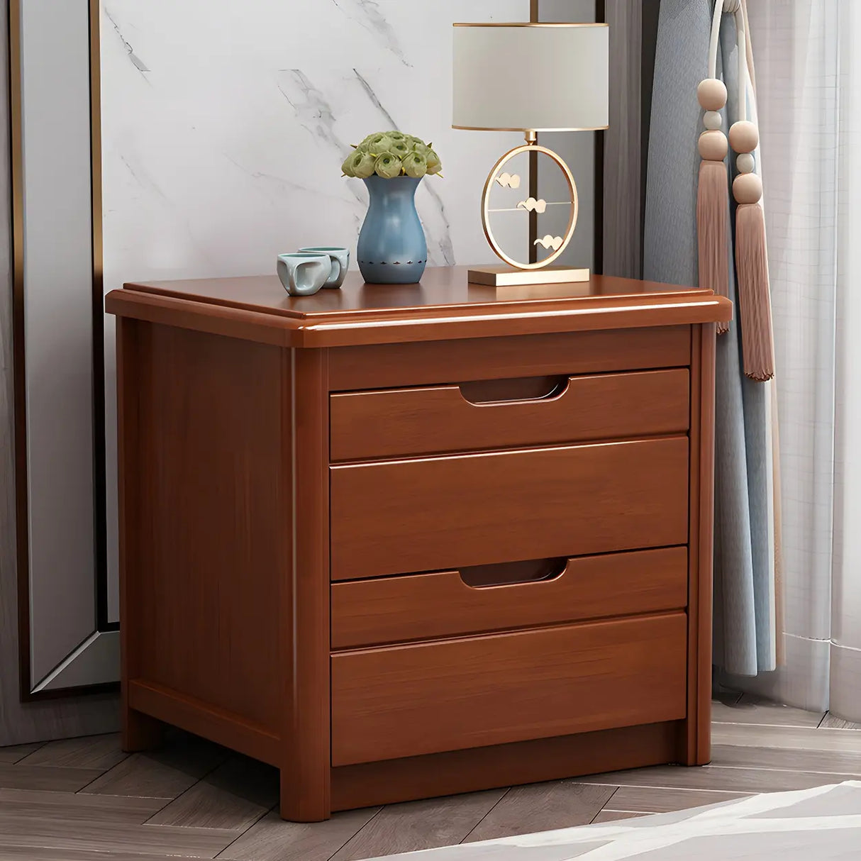 Classic Rectangular Wood Natural Storage Nightstand Image - 2