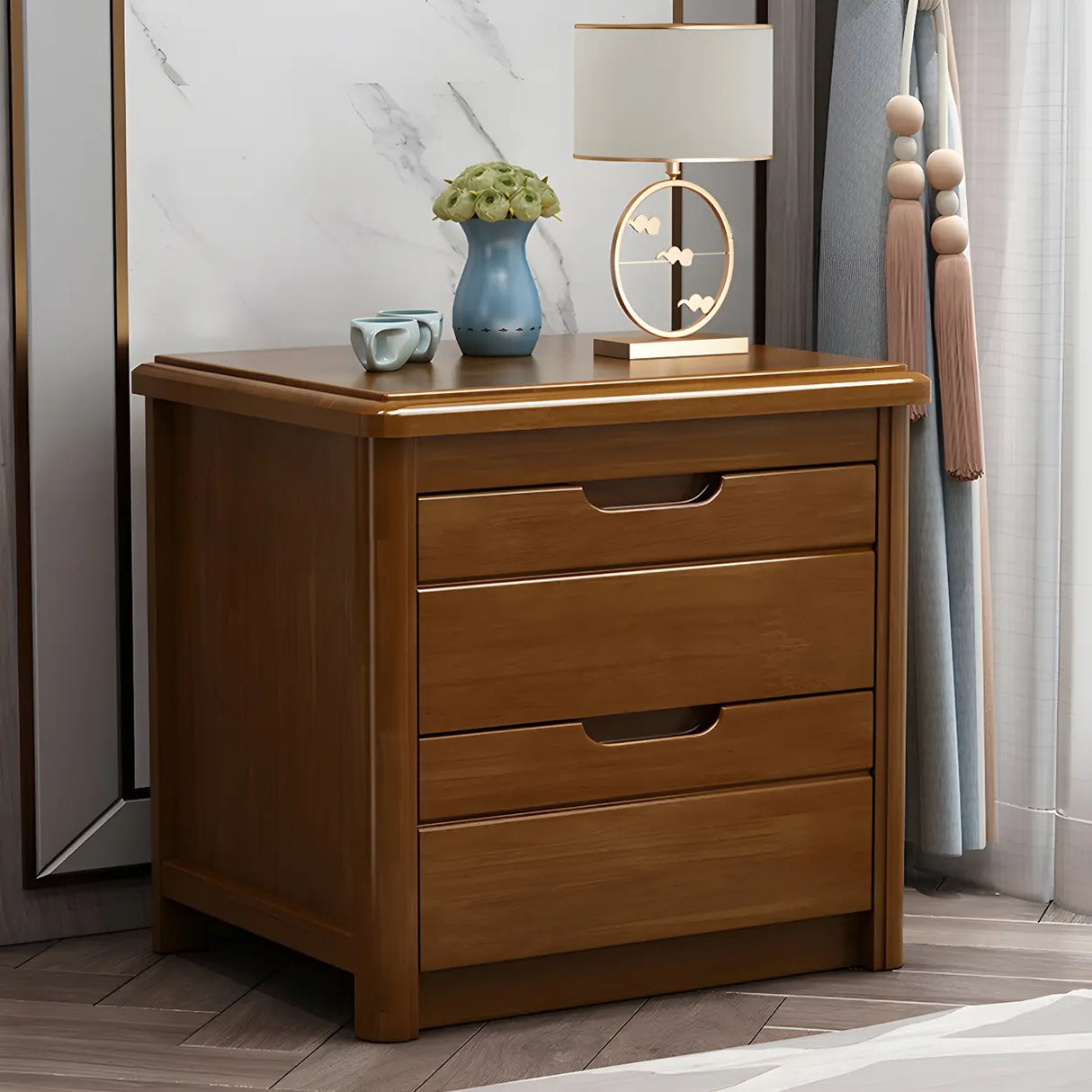Classic Rectangular Wood Natural Storage Nightstand Image - 3