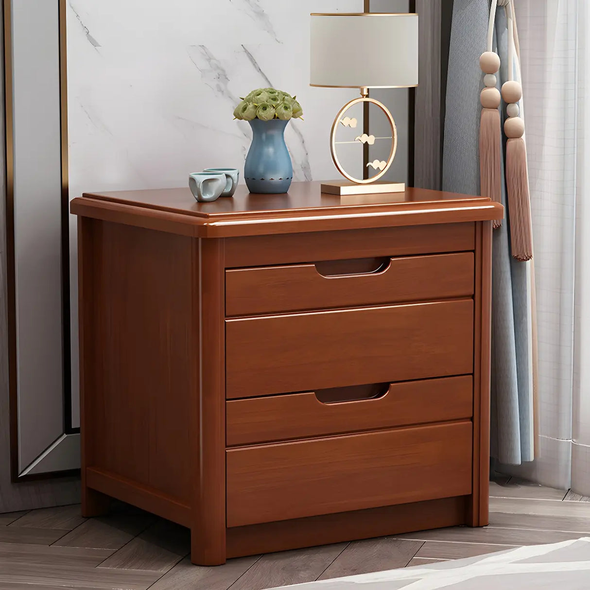 Classic Rectangular Wood Natural Storage Nightstand Image - 5