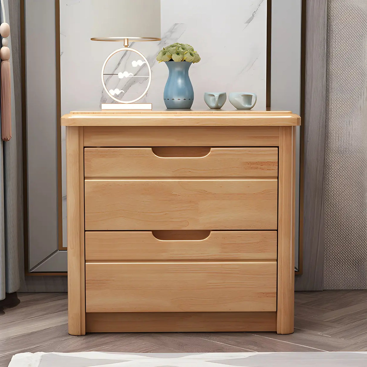 Classic Rectangular Wood Natural Storage Nightstand Image - 6
