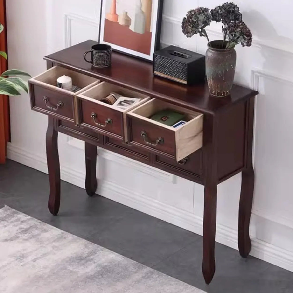 Classic Rectangular Wooden Brown Storage Console Table Image - 26