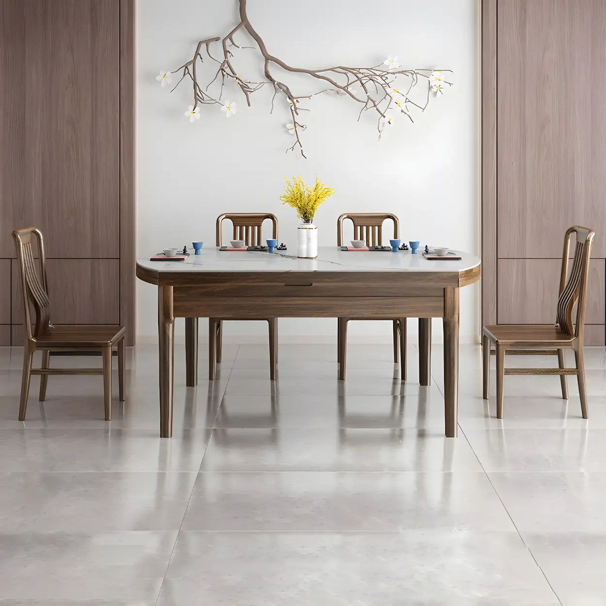 Classic Round Stone Dining Extension Table Brown Drop Leaf Image - 5