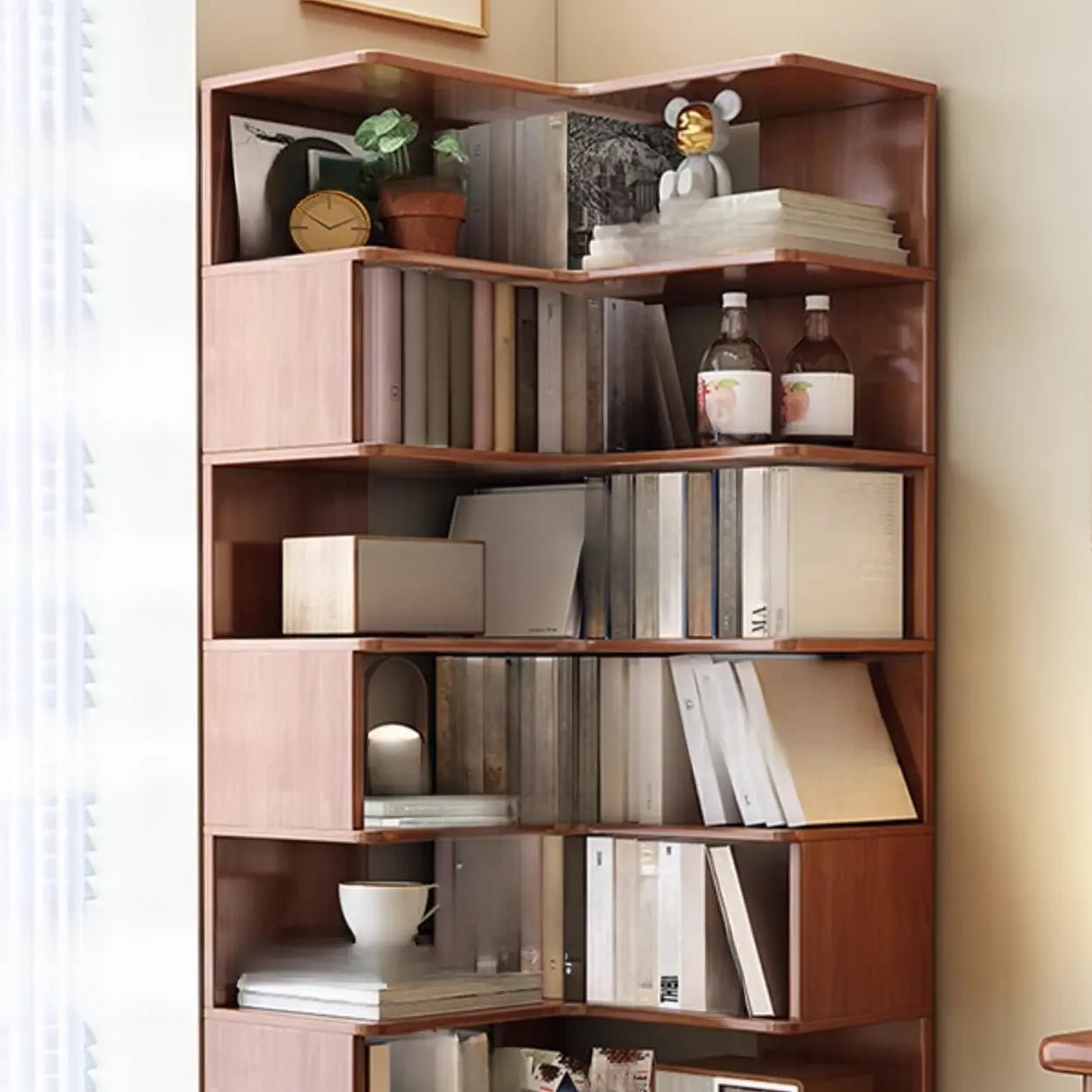 Classic Rubberwood L-Shape Corner Tall Bookcase Brown Image - 10