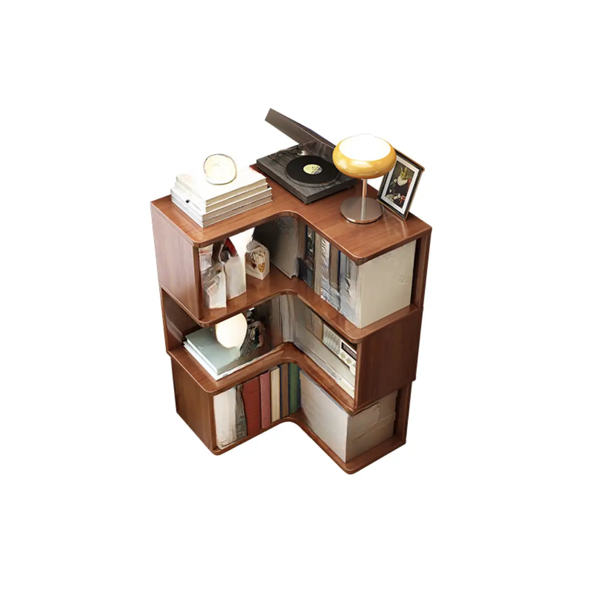 Classic Rubberwood L-Shape Corner Tall Bookcase Brown Image - 11