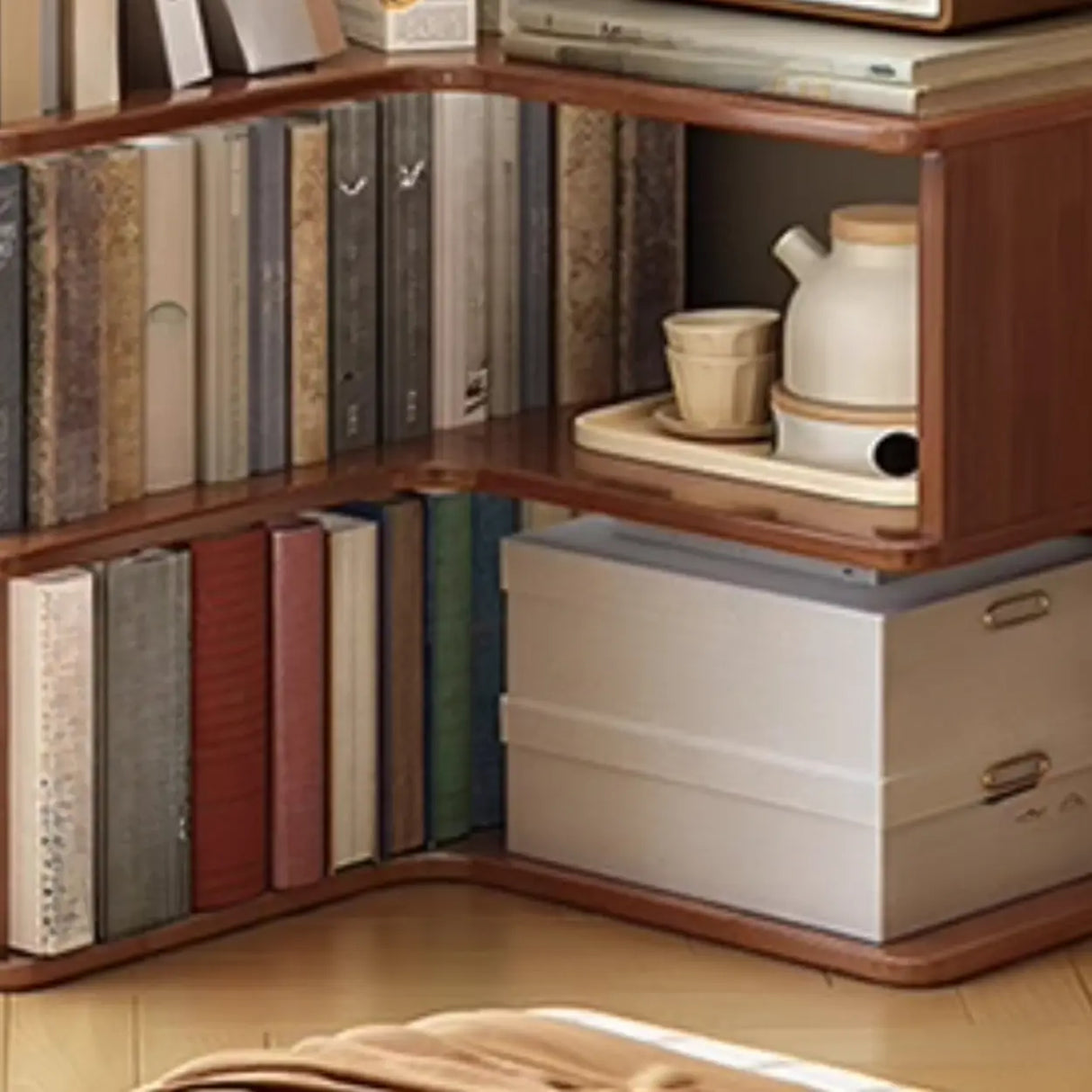 Classic Rubberwood L-Shape Corner Tall Bookcase Brown Image - 12