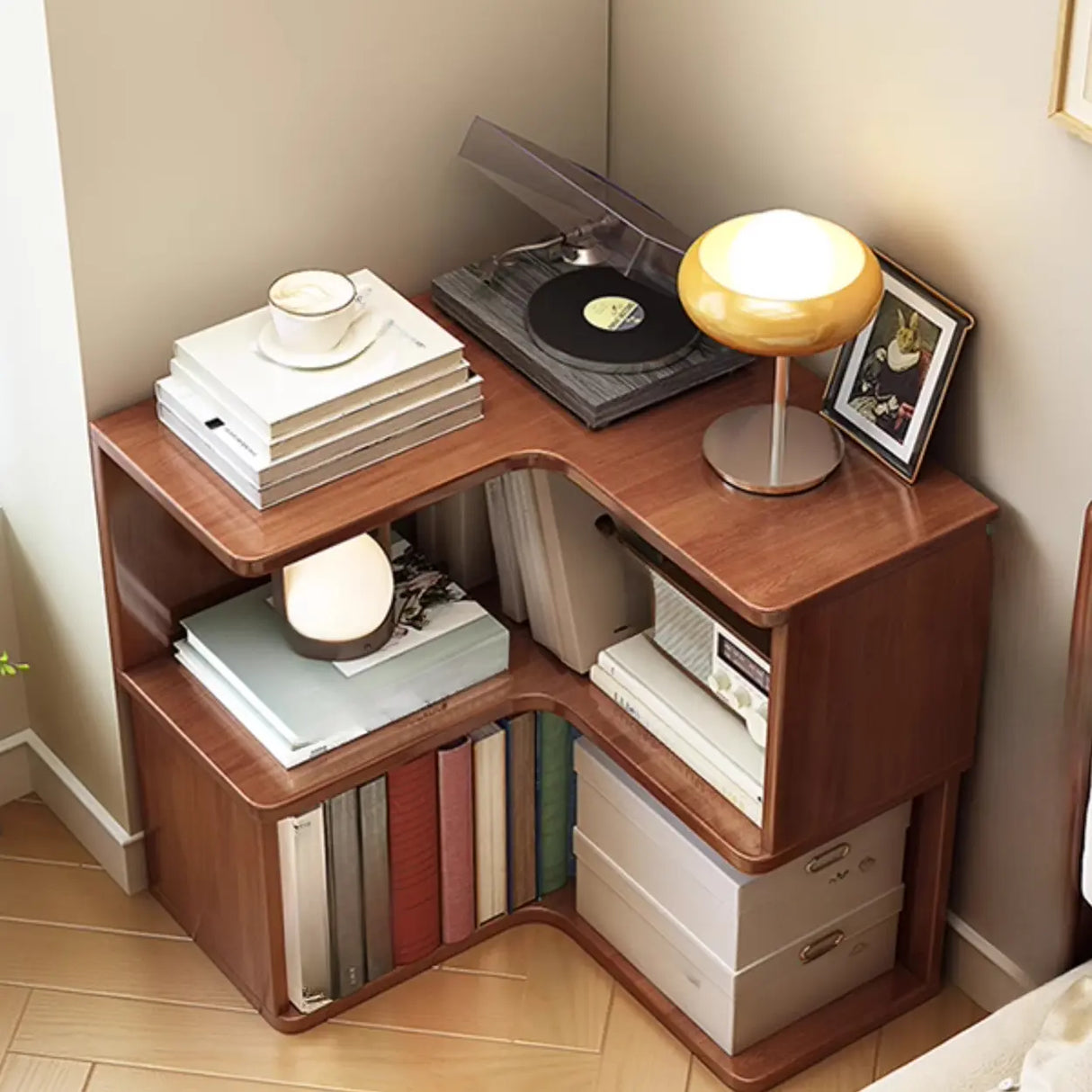 Classic Rubberwood L-Shape Corner Tall Bookcase Brown Image - 18