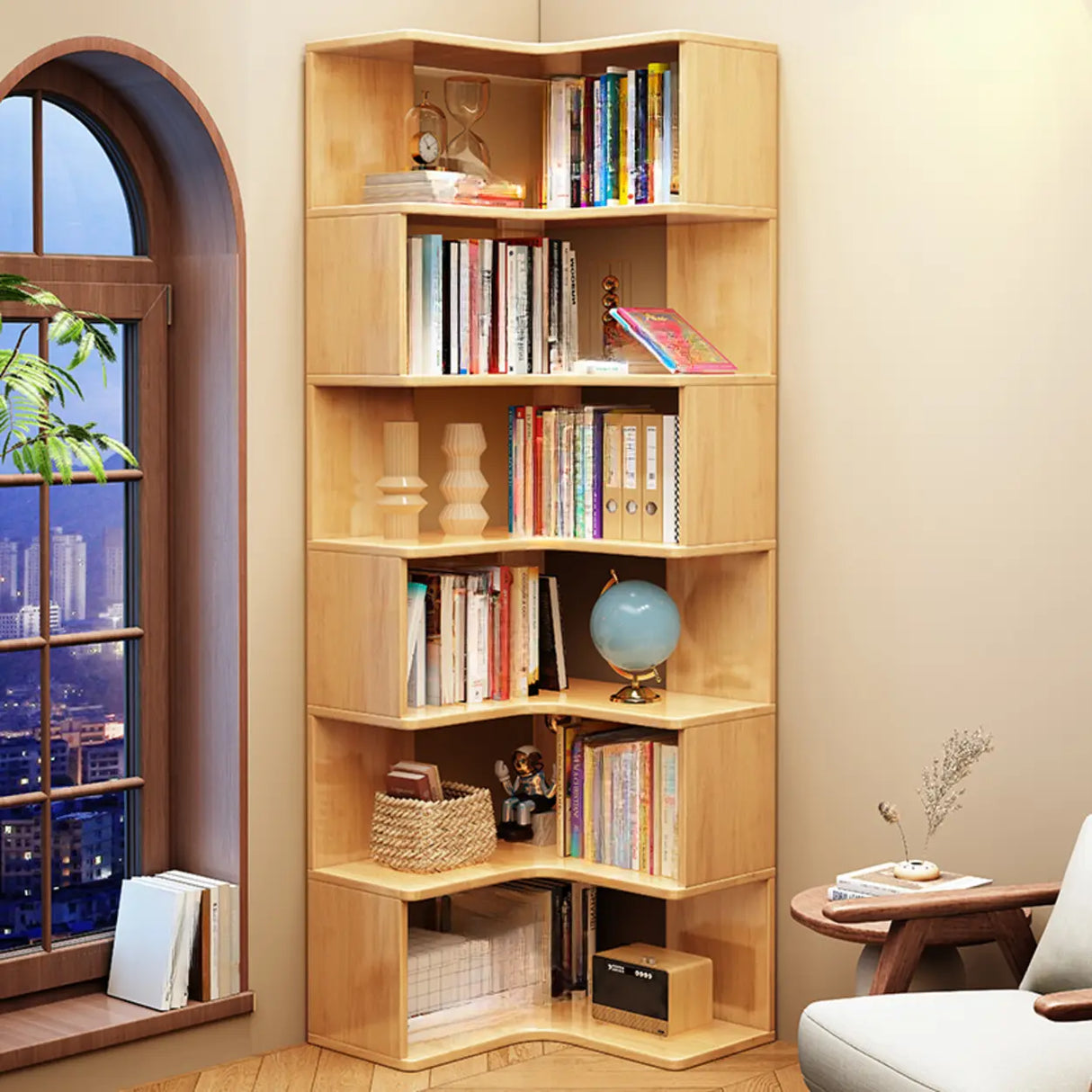 Classic Rubberwood L-Shape Corner Tall Bookcase Brown Image - 3
