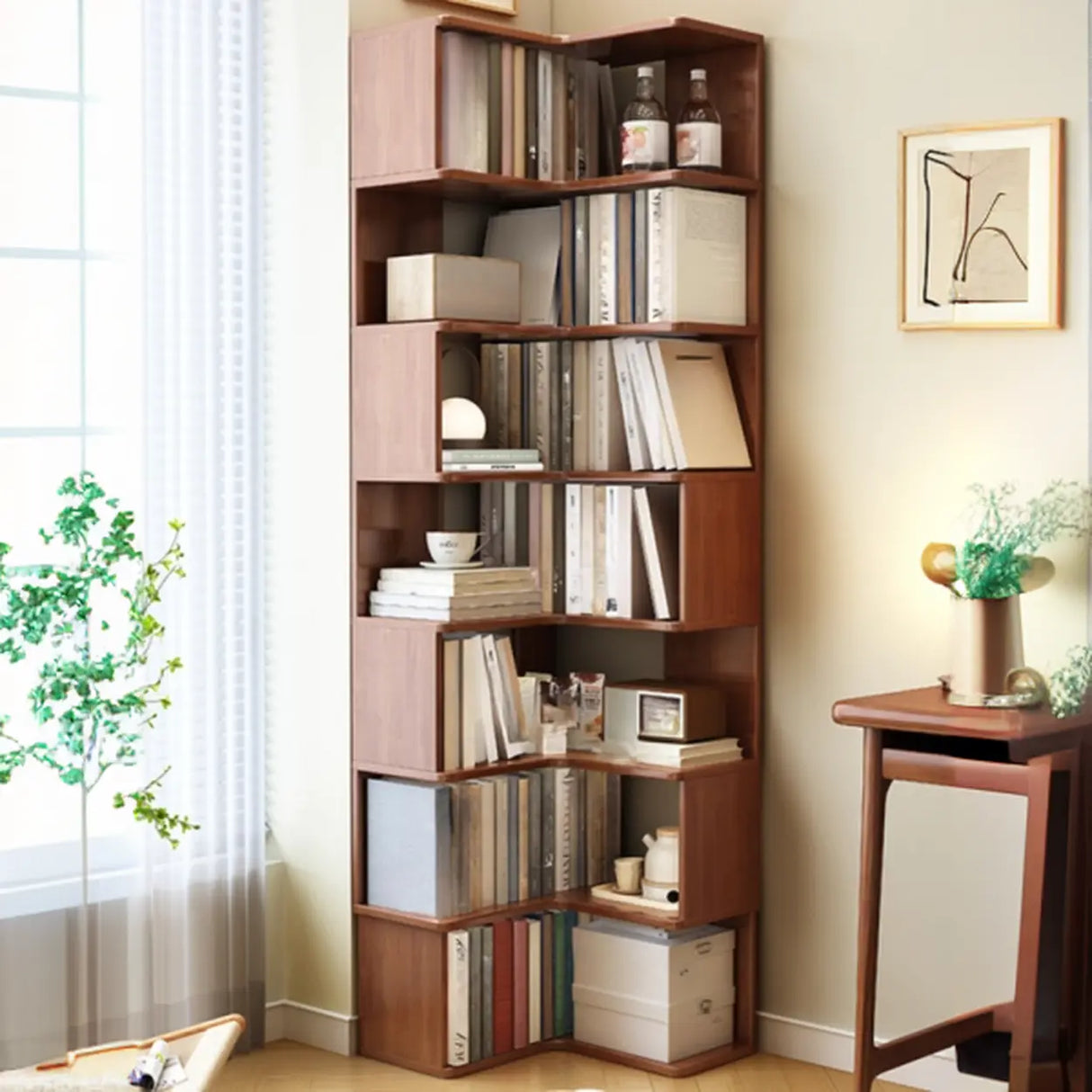 Classic Rubberwood L-Shape Corner Tall Bookcase Brown Image - 4