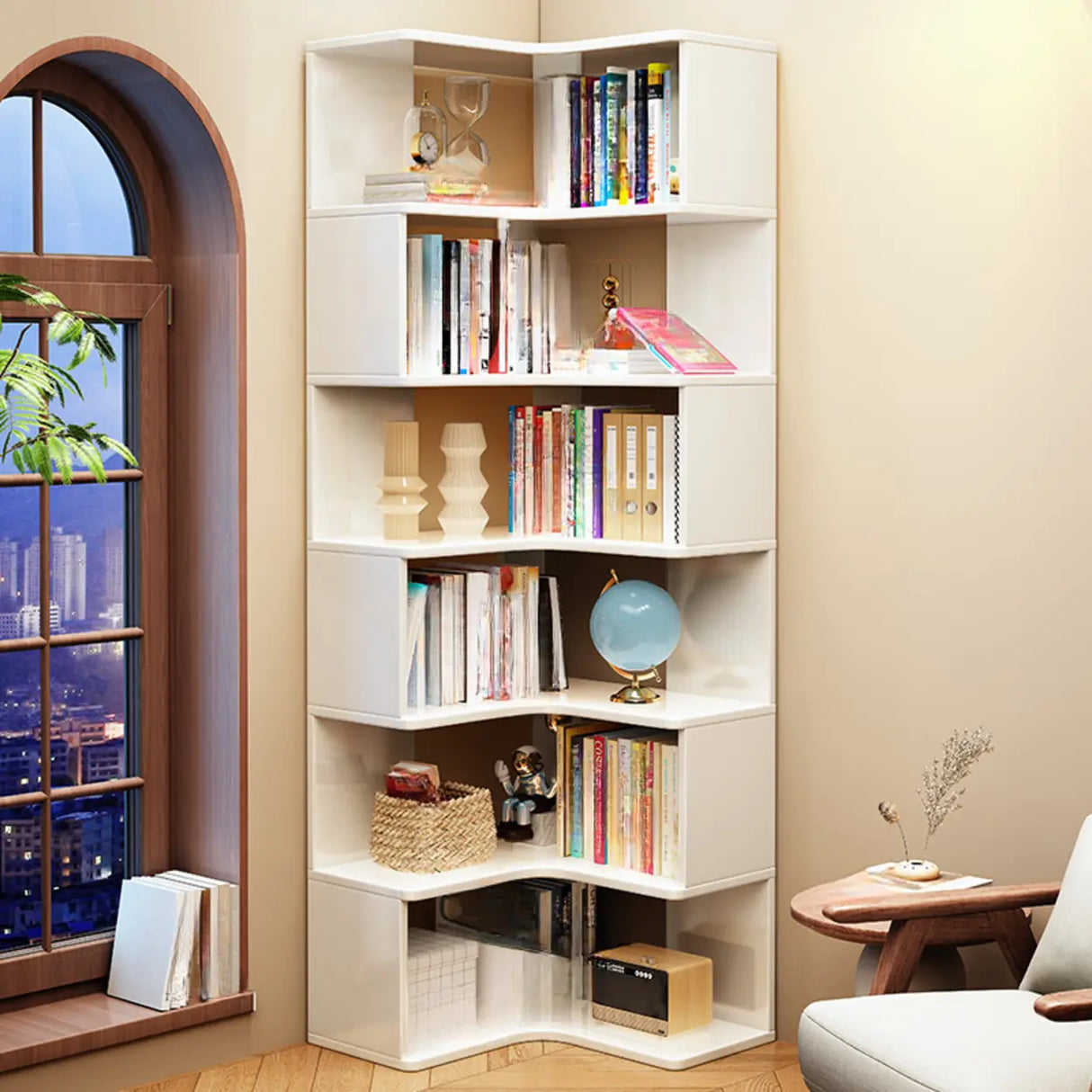 Classic Rubberwood L-Shape Corner Tall Bookcase Brown Image - 6