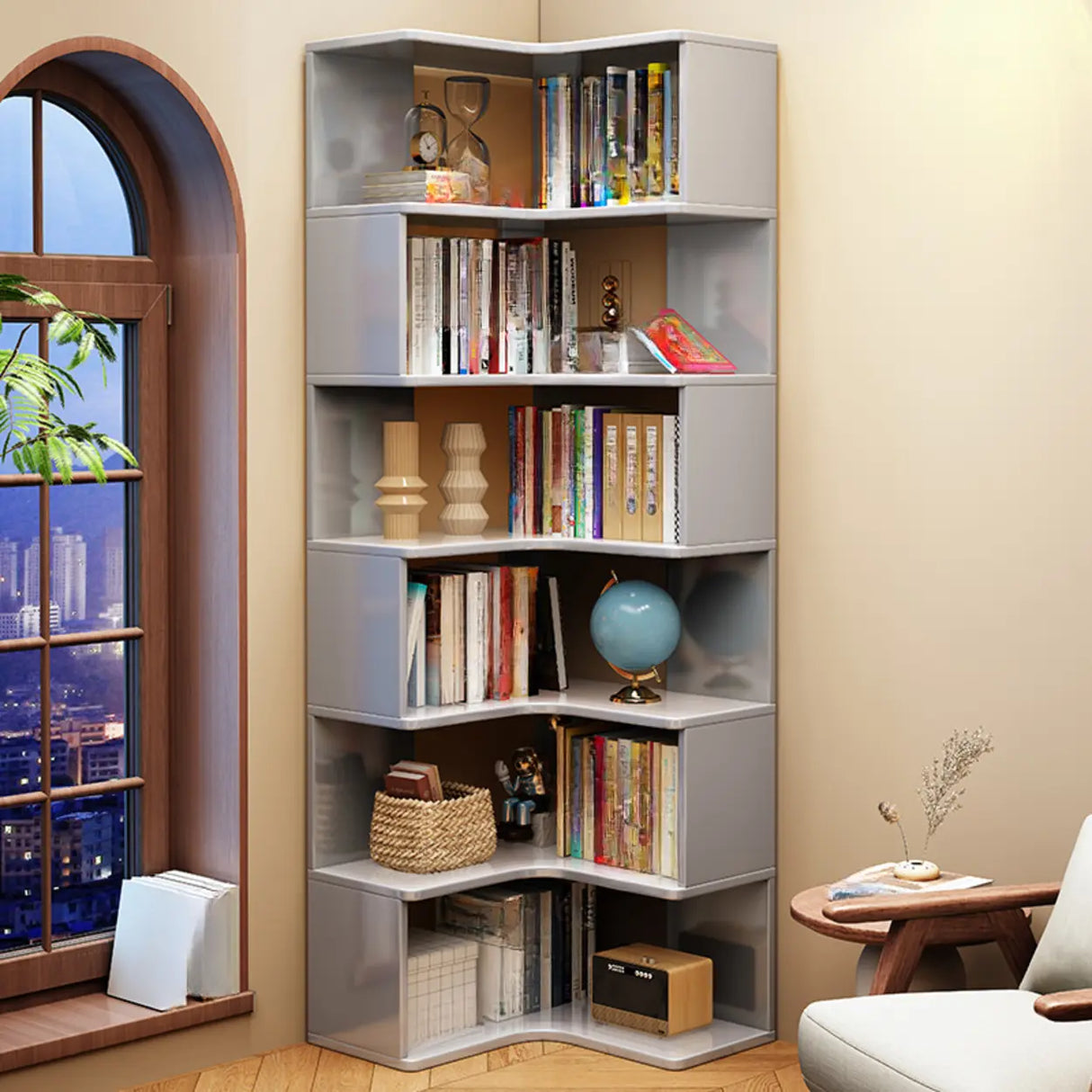 Classic Rubberwood L-Shape Corner Tall Bookcase Brown Image - 8