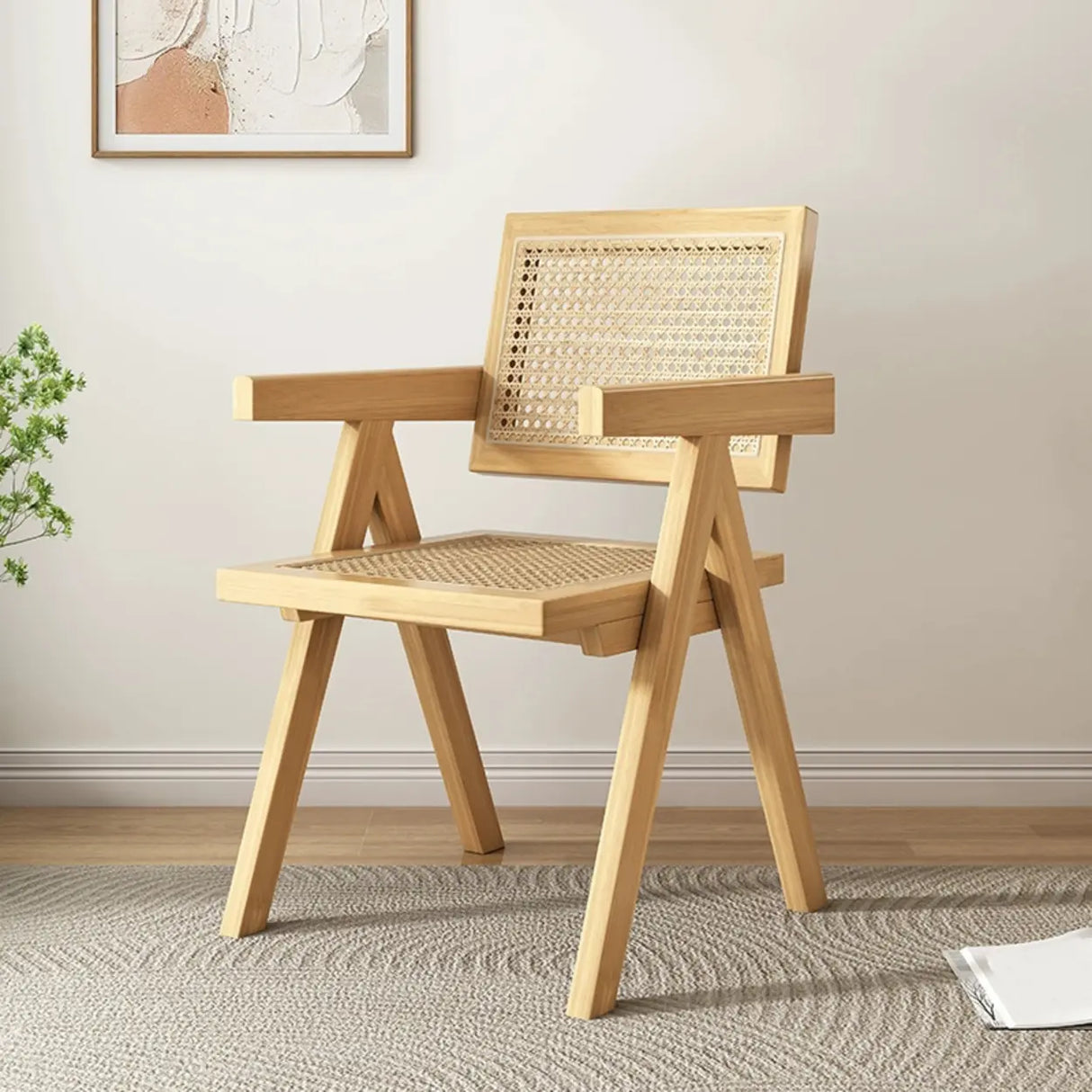 Classic Rubberwood Wicker Rattan Dining Chair with Arms Image - 11