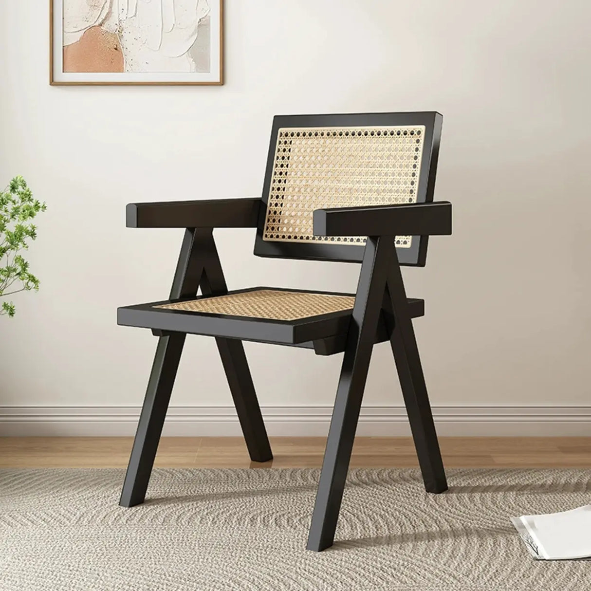 Classic Rubberwood Wicker Rattan Dining Chair with Arms Image - 13