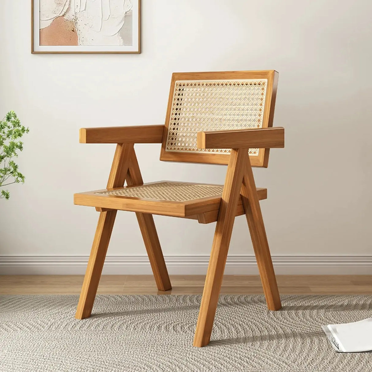Classic Rubberwood Wicker Rattan Dining Chair with Arms Image - 15