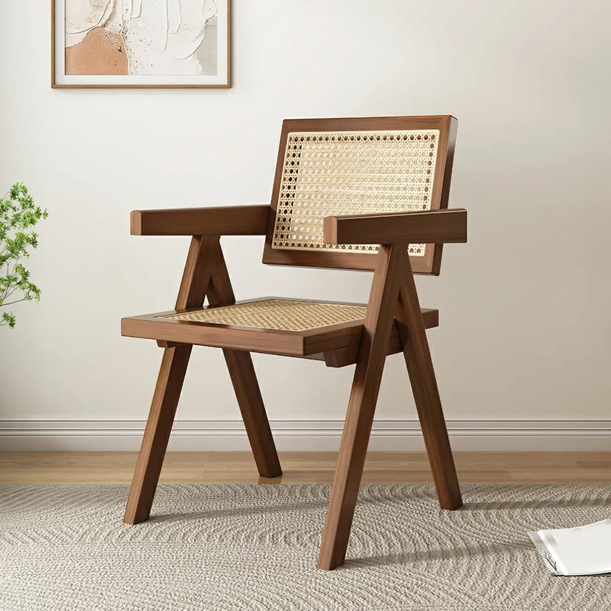Classic Rubberwood Wicker Rattan Dining Chair with Arms Image - 17