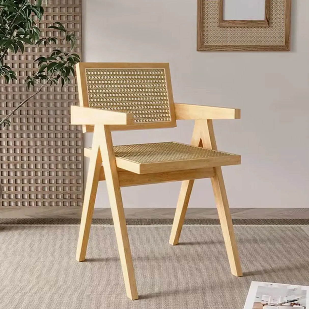 Classic Rubberwood Wicker Rattan Dining Chair with Arms Image - 19