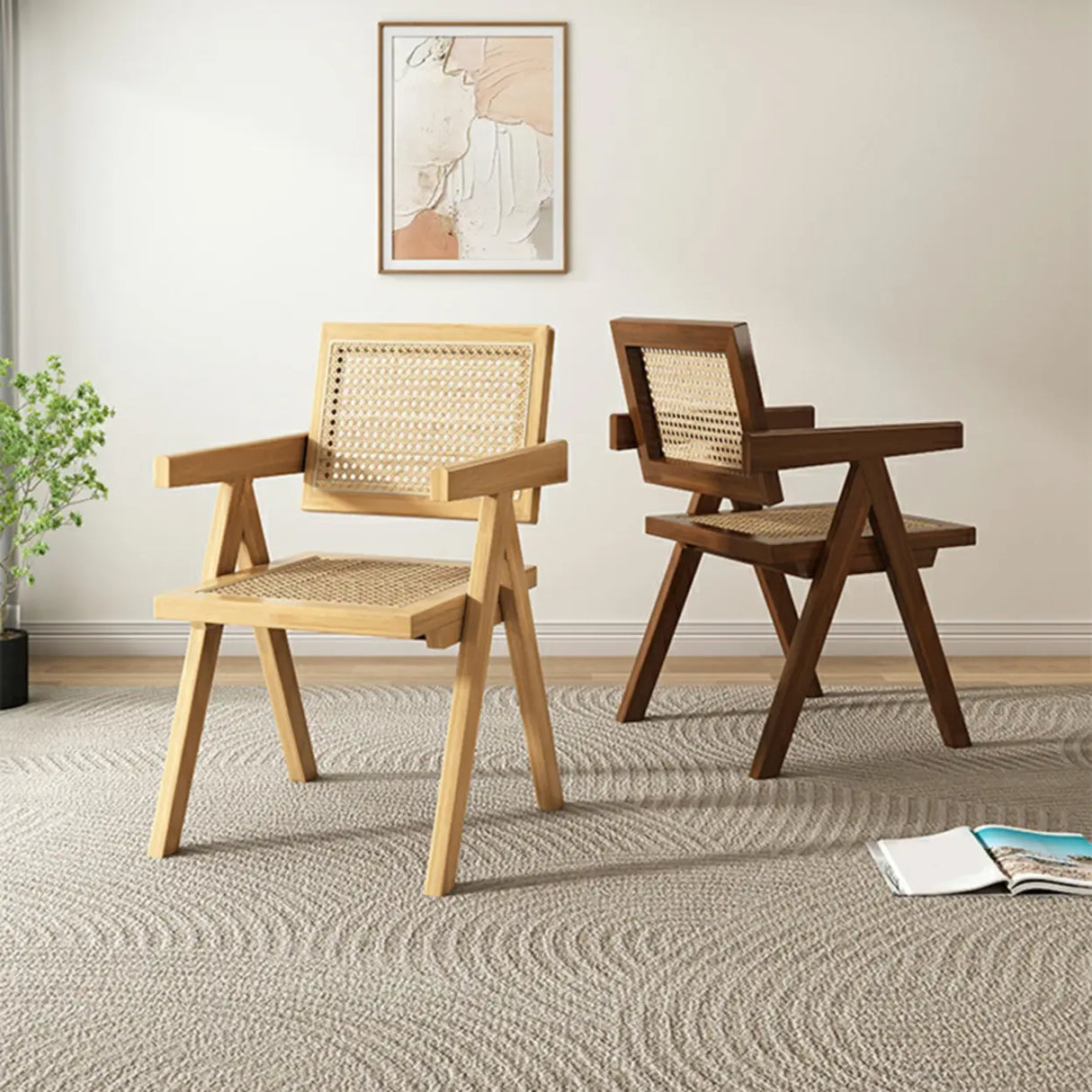 Classic Rubberwood Wicker Rattan Dining Chair with Arms Image - 1