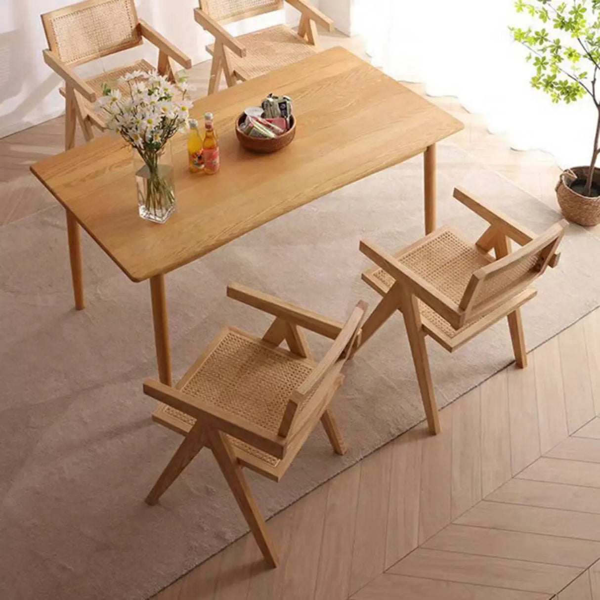 Classic Rubberwood Wicker Rattan Dining Chair with Arms Image - 8