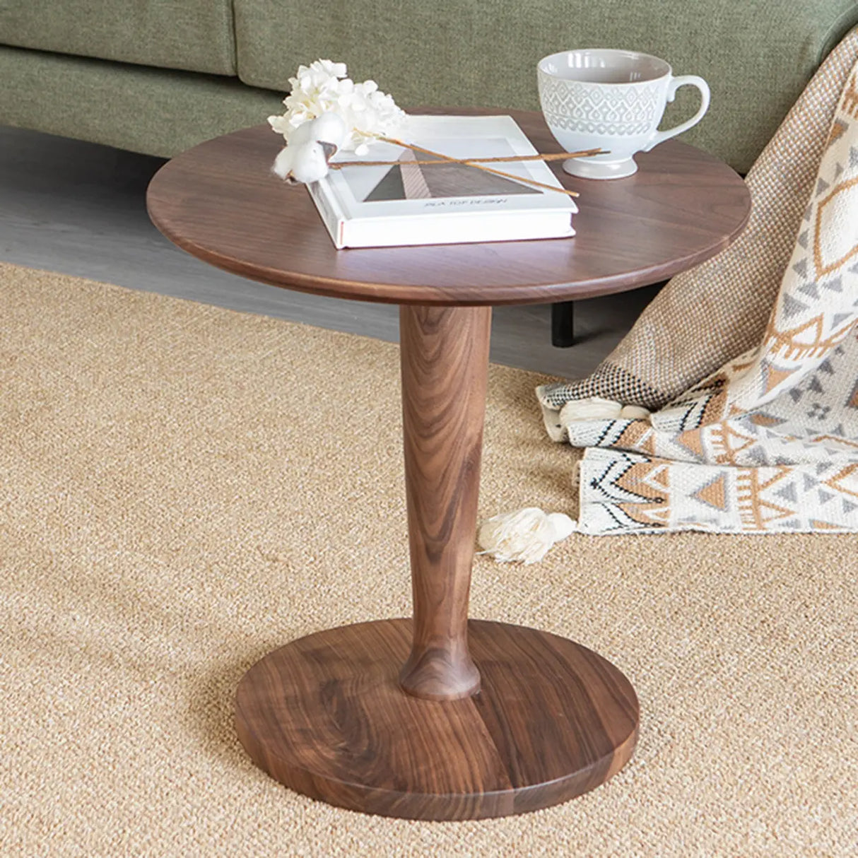 Classic Small Round Walnut Wood Side Table with Pedestal Base Image - 5