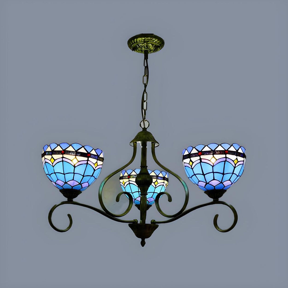 Classic Tiffany Blue Stained Glass Dome Chandelier Image - 4