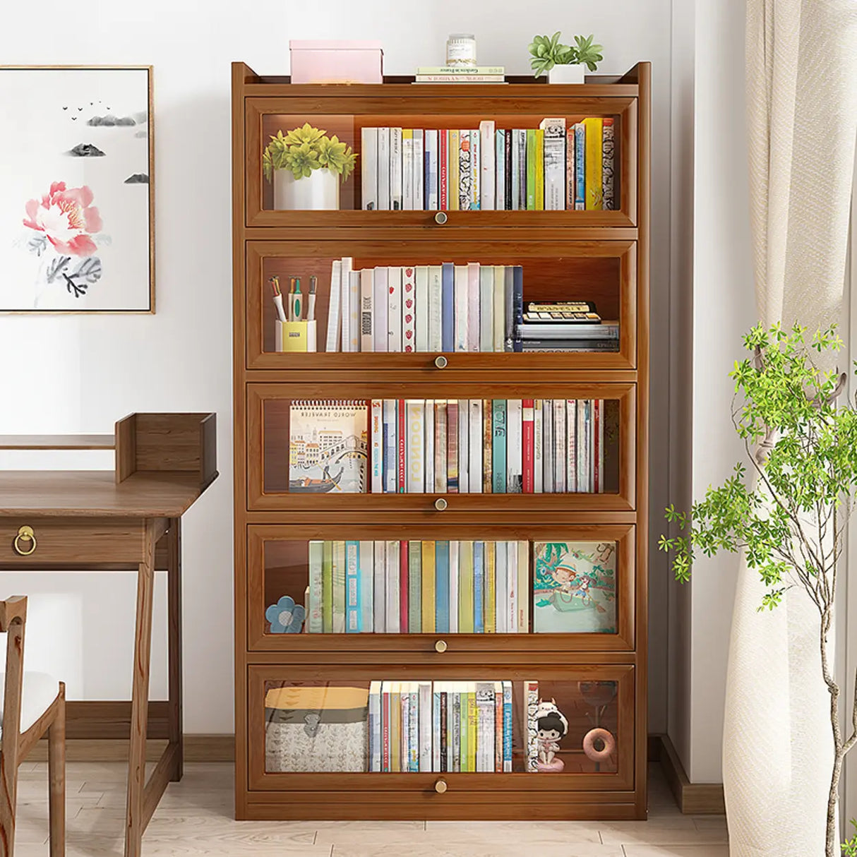 Classic Vertical Cabinet Closed Back Bookcase Brown Image - 1