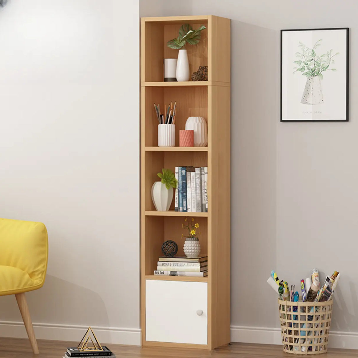 Classic Vertical Closed Wood Storage Narrow Bookcase Image - 1