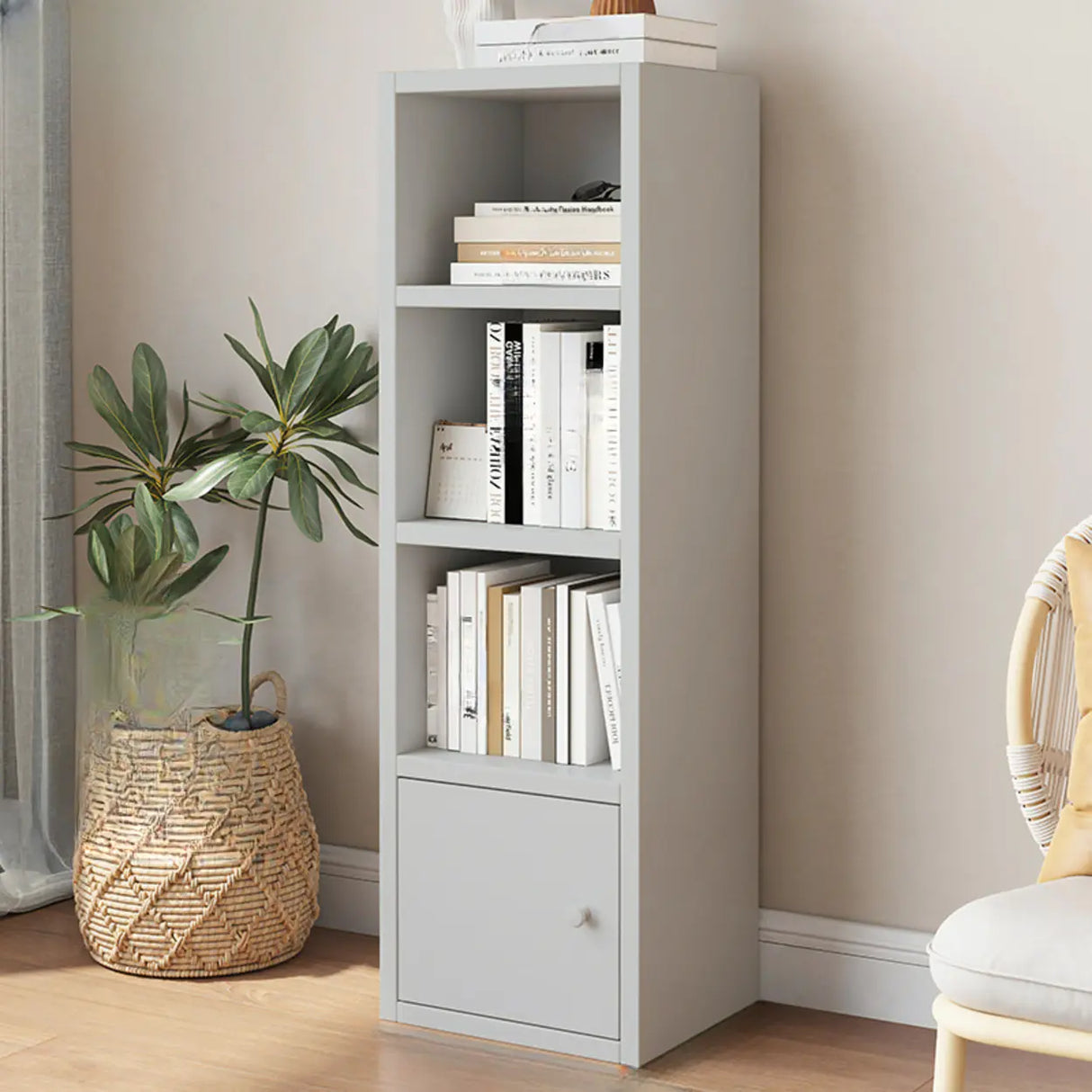 Classic Vertical Closed Wood Storage Narrow Bookcase Image - 10