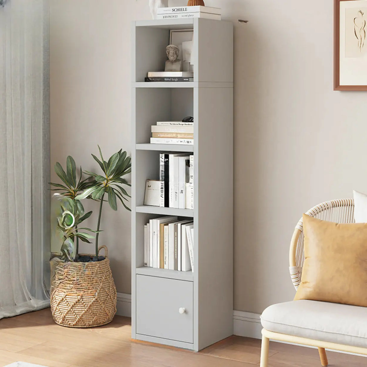 Classic Vertical Closed Wood Storage Narrow Bookcase Image - 11