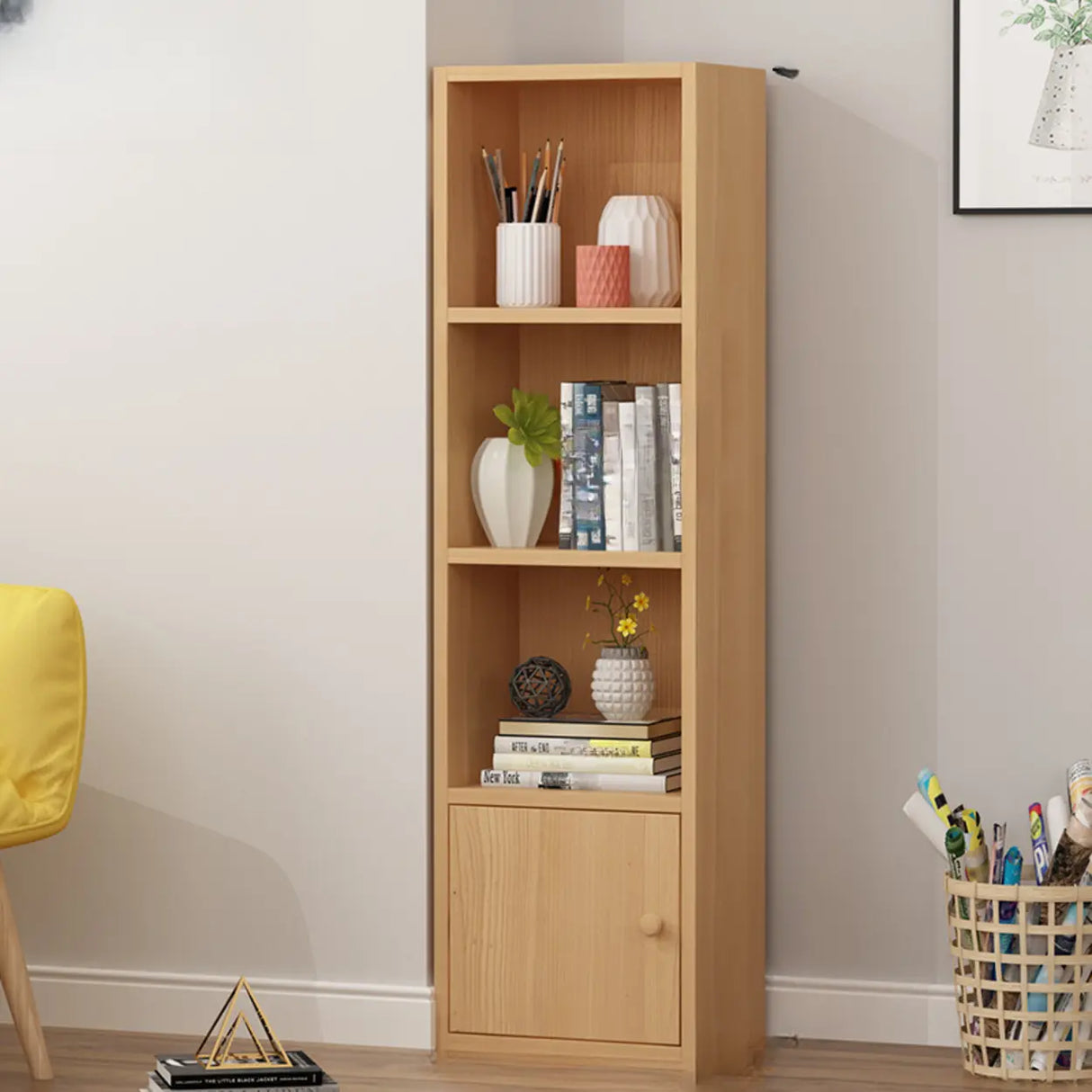 Classic Vertical Closed Wood Storage Narrow Bookcase Image - 12