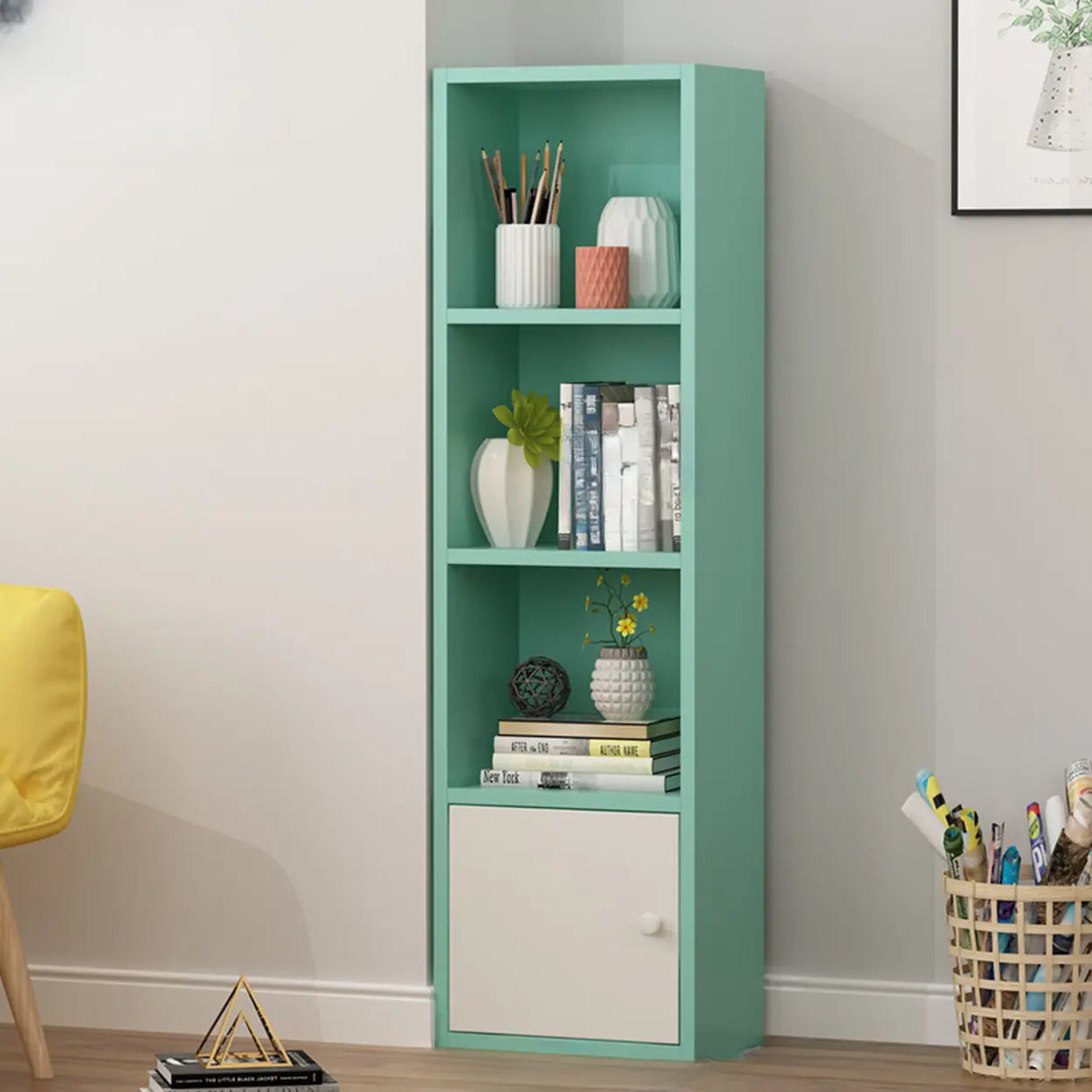 Classic Vertical Closed Wood Storage Narrow Bookcase Image - 13