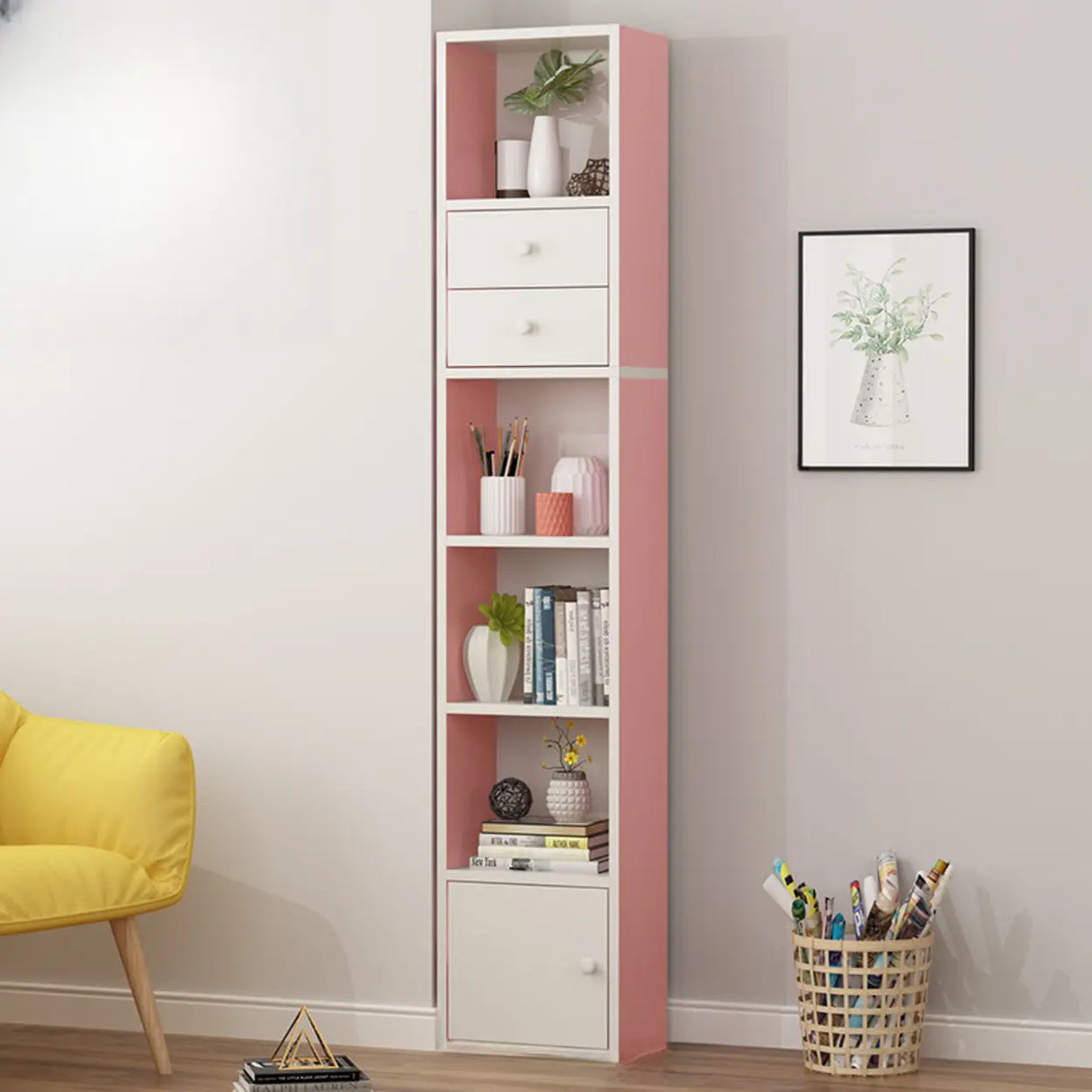 Classic Vertical Closed Wood Storage Narrow Bookcase Image - 14