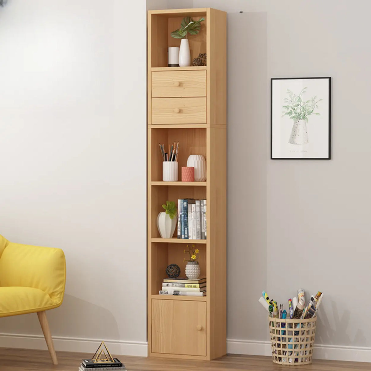 Classic Vertical Closed Wood Storage Narrow Bookcase Image - 15