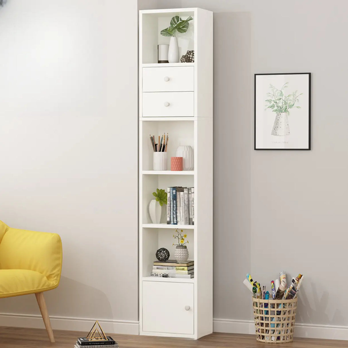 Classic Vertical Closed Wood Storage Narrow Bookcase Image - 16