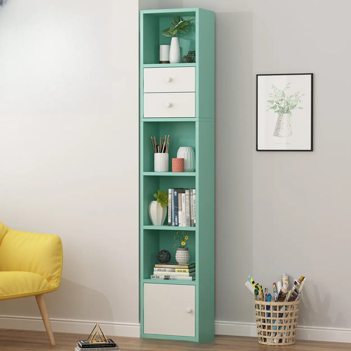 Classic Vertical Closed Wood Storage Narrow Bookcase Image - 17